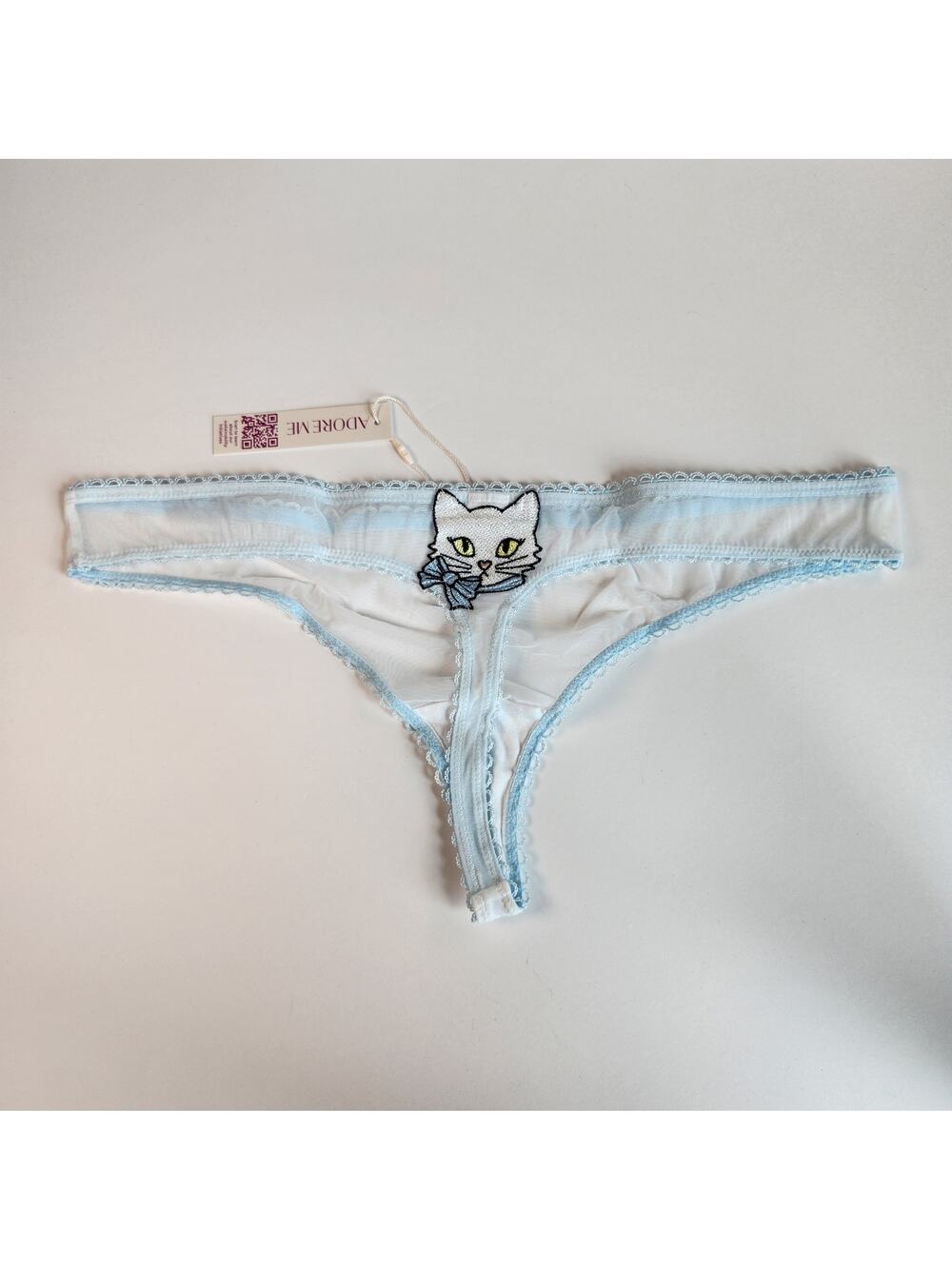 Adore Me Cute Blue Mesh Kitty Cat Thong - Medium - Coquette Kawaii Lingerie